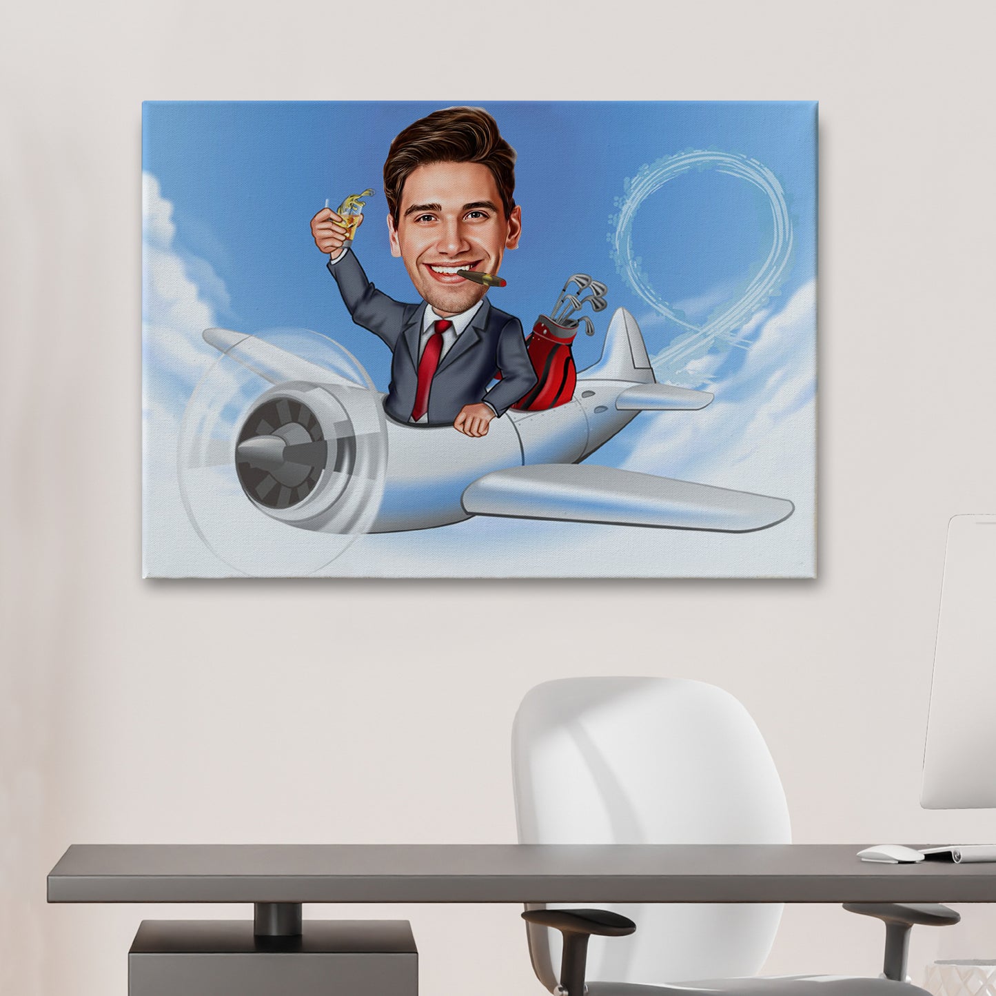 Kişiye Özel Uçak ve Golf Karikatür Tablosu