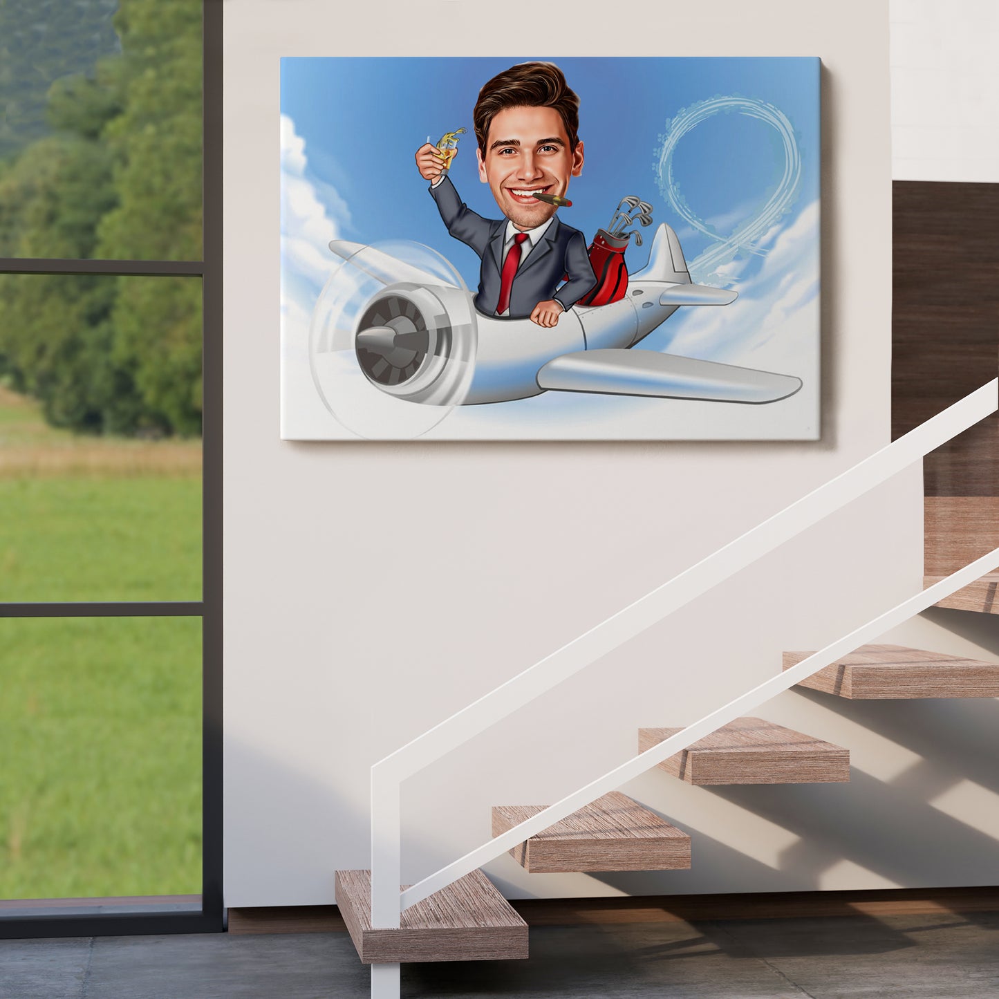 Kişiye Özel Uçak ve Golf Karikatür Tablosu