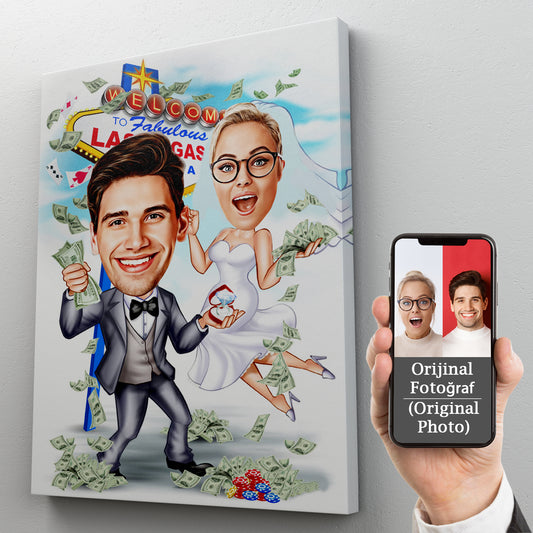 Kişiselleştirilmiş Las Vegas Temalı Düğün Karikatür Tablo