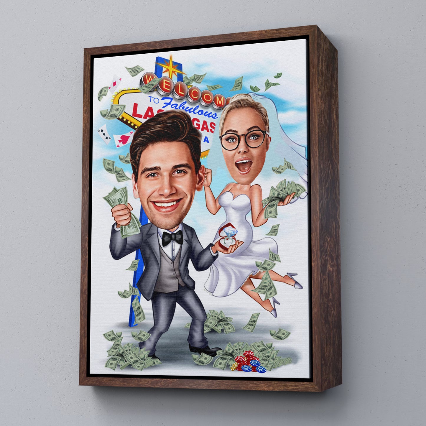 Kişiselleştirilmiş Las Vegas Temalı Düğün Karikatür Tablo