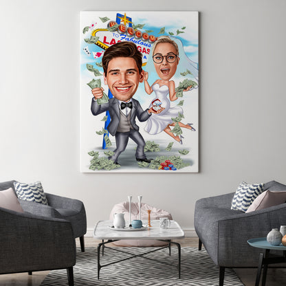Kişiselleştirilmiş Las Vegas Temalı Düğün Karikatür Tablo