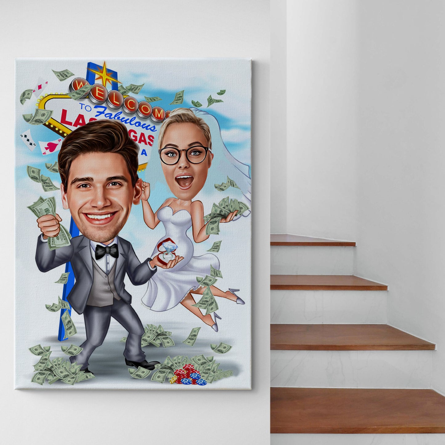 Kişiselleştirilmiş Las Vegas Temalı Düğün Karikatür Tablo