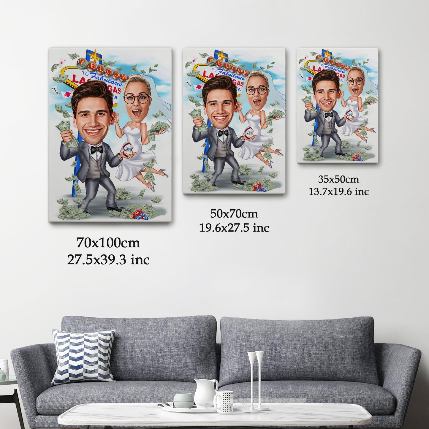 Kişiselleştirilmiş Las Vegas Temalı Düğün Karikatür Tablo