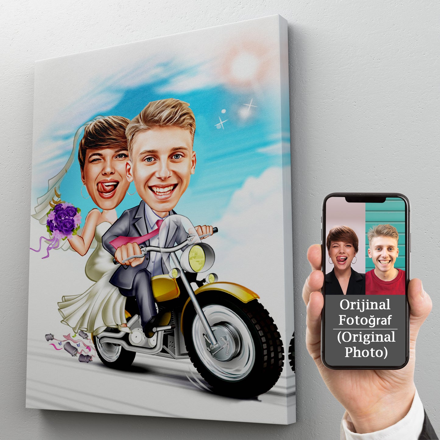 Kişiselleştirilmiş Düğün Temalı Motor Karikatür Tablo