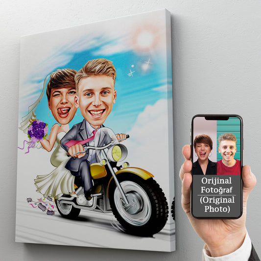 Kişiselleştirilmiş Düğün Temalı Motor Karikatür Tablo