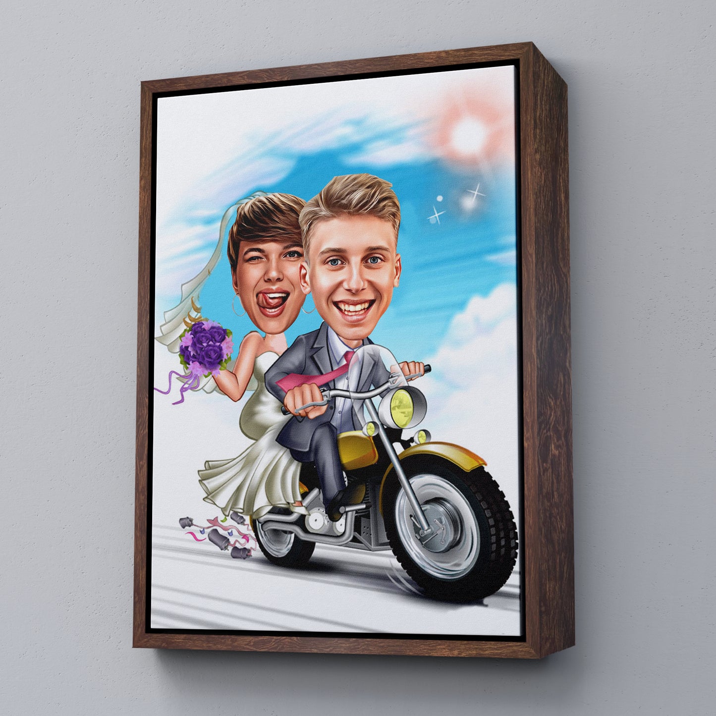 Kişiselleştirilmiş Düğün Temalı Motor Karikatür Tablo