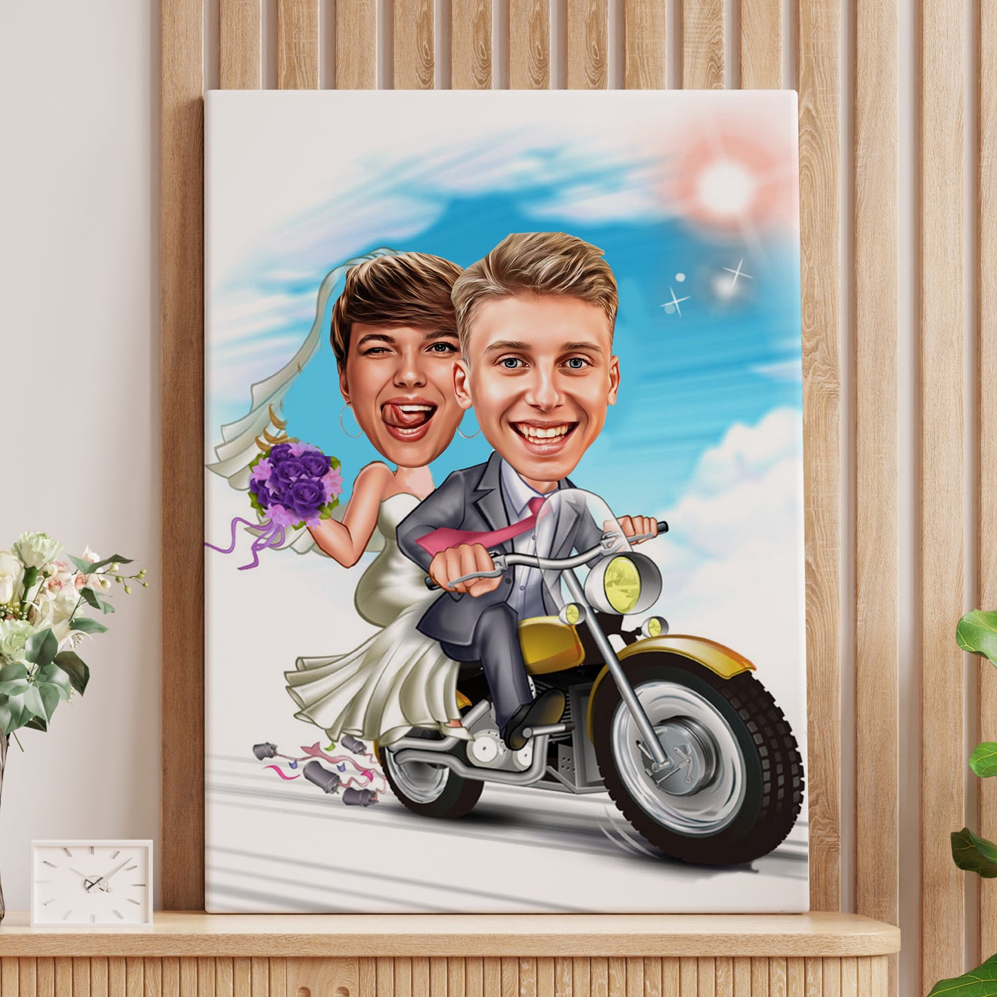 Kişiselleştirilmiş Düğün Temalı Motor Karikatür Tablo
