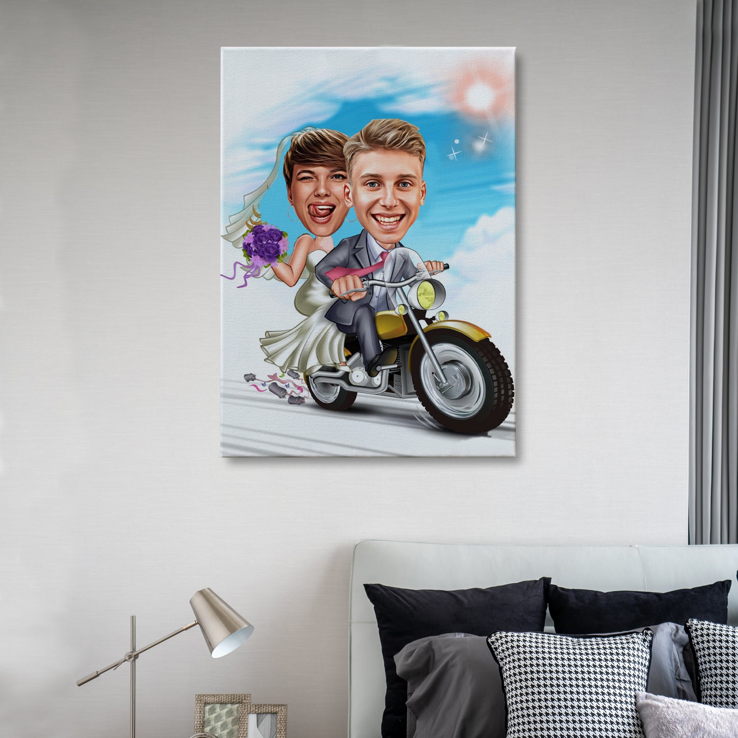 Kişiselleştirilmiş Düğün Temalı Motor Karikatür Tablo