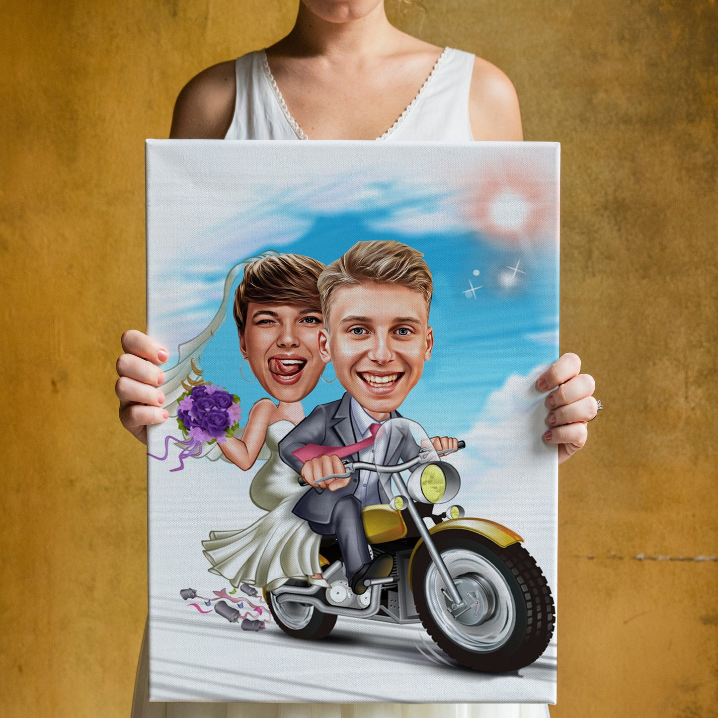 Kişiselleştirilmiş Düğün Temalı Motor Karikatür Tablo