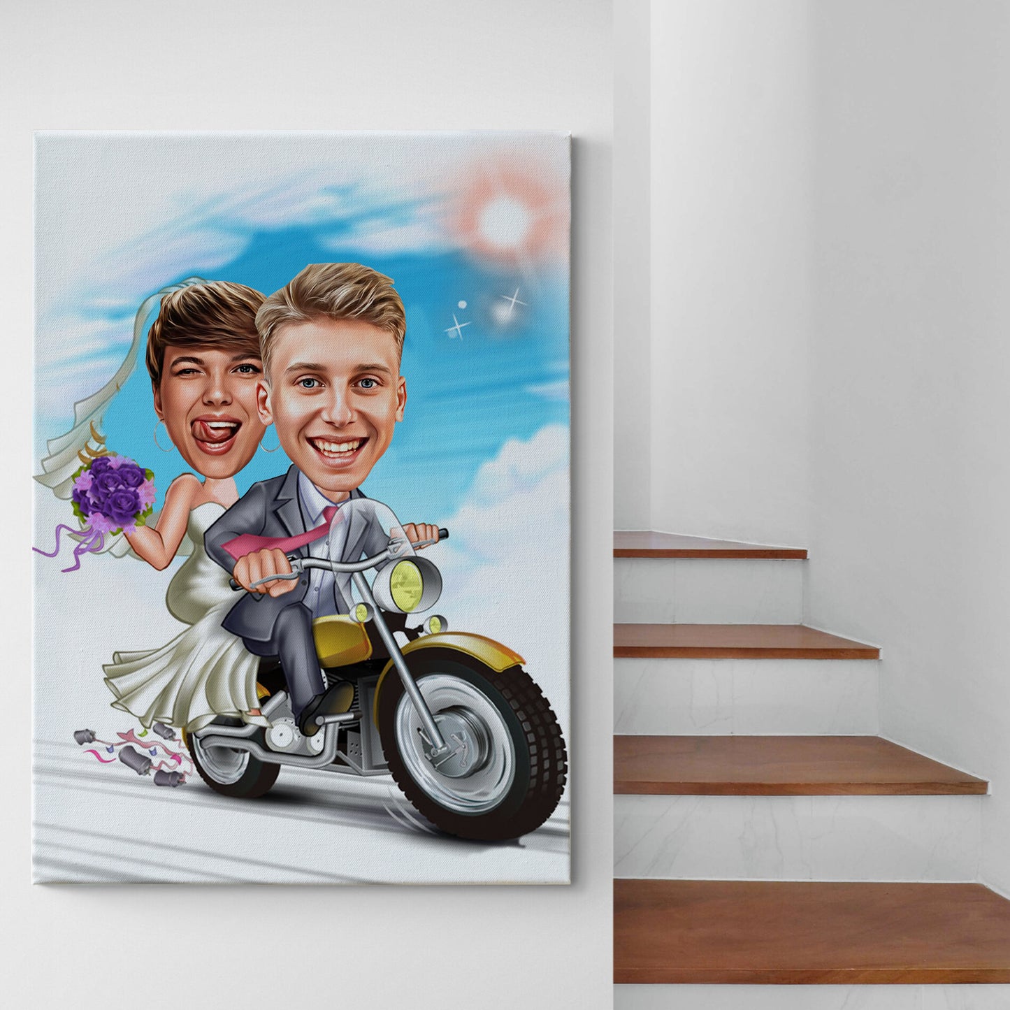 Kişiselleştirilmiş Düğün Temalı Motor Karikatür Tablo