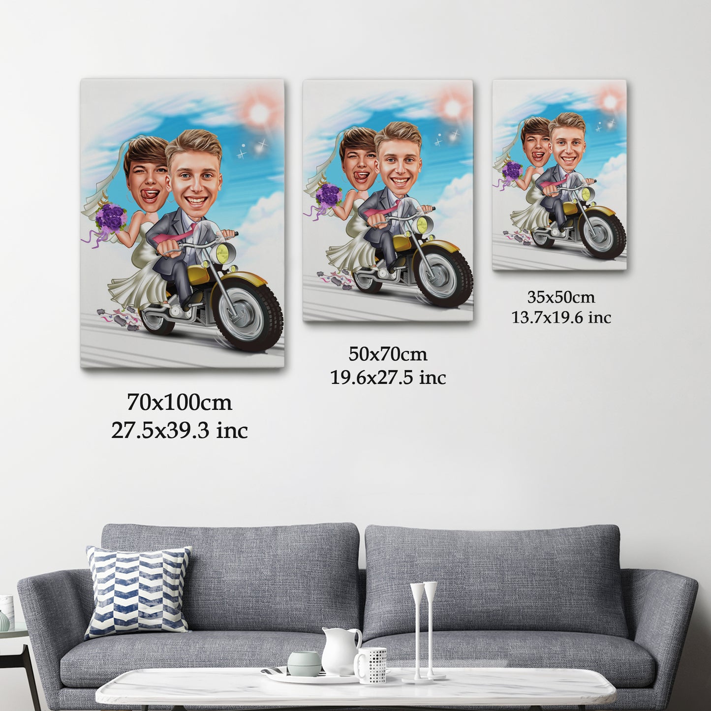 Kişiselleştirilmiş Düğün Temalı Motor Karikatür Tablo