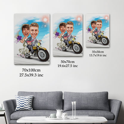 Kişiselleştirilmiş Düğün Temalı Motor Karikatür Tablo