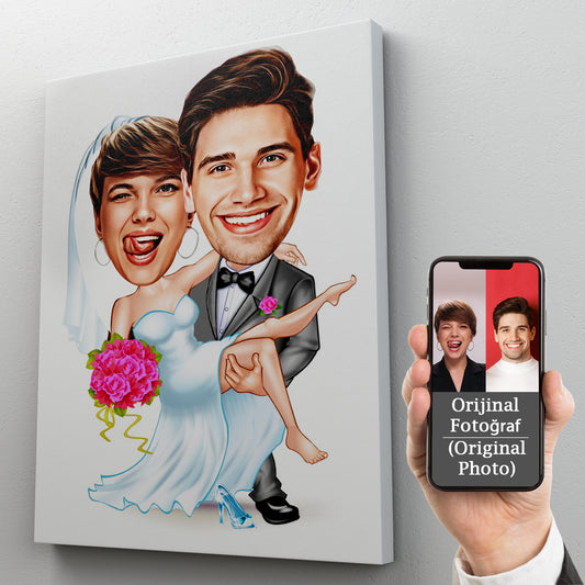 Kişiselleştirilmiş Düğün Temalı Karikatür Tablo