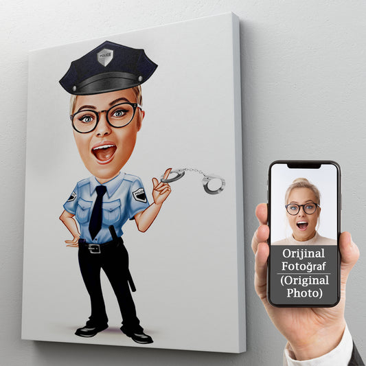 Kişiselleştirilmiş Kadın Polis Temalı Karikatür Tablo