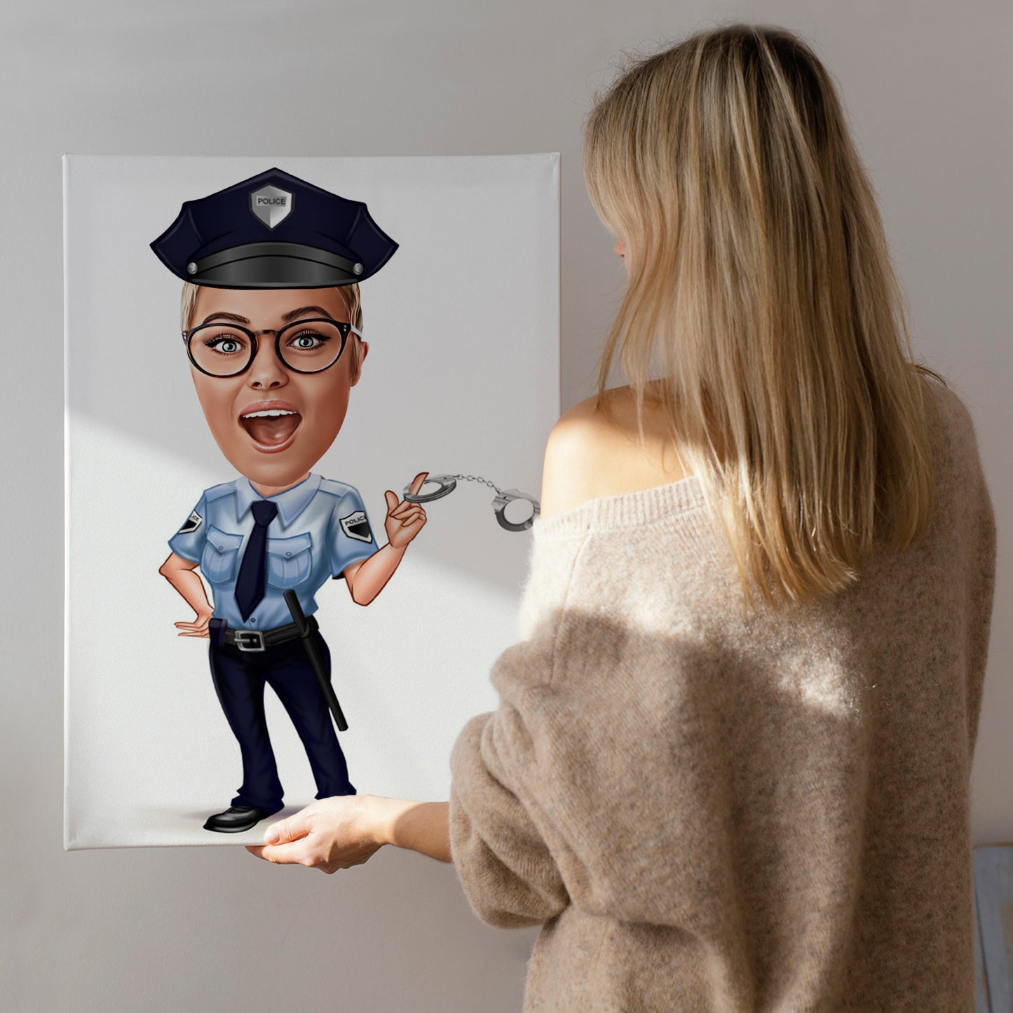 Kişiselleştirilmiş Kadın Polis Temalı Karikatür Tablo