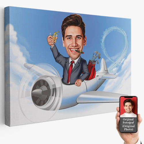 Kişiye Özel Uçak ve Golf Karikatür Tablosu