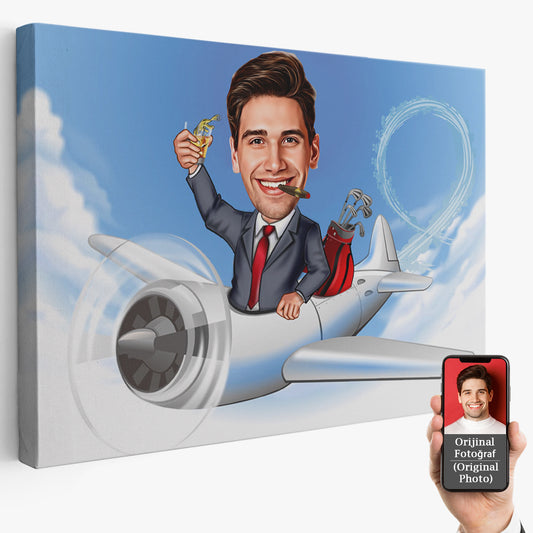 Kişiye Özel Uçak ve Golf Karikatür Tablosu