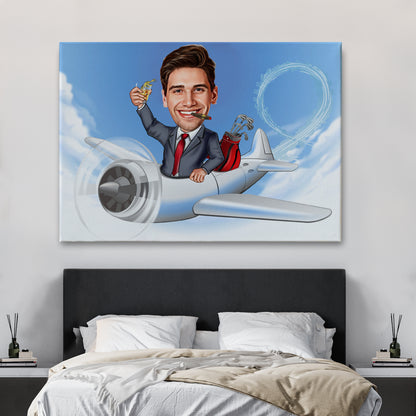 Kişiye Özel Uçak ve Golf Karikatür Tablosu