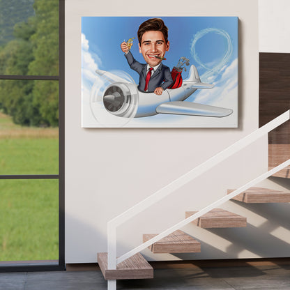 Kişiye Özel Uçak ve Golf Karikatür Tablosu