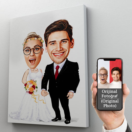 Kişiselleştirilmiş Düğün Temalı Karikatür Tablo