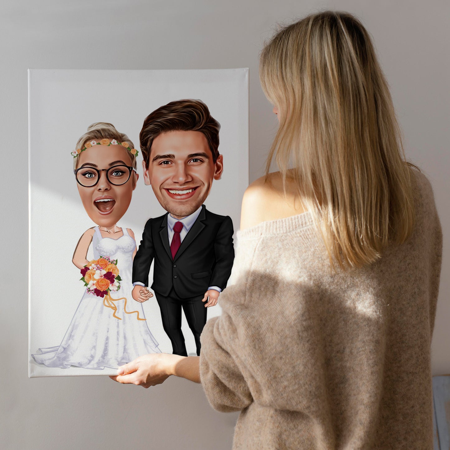 Kişiselleştirilmiş Düğün Temalı Karikatür Tablo